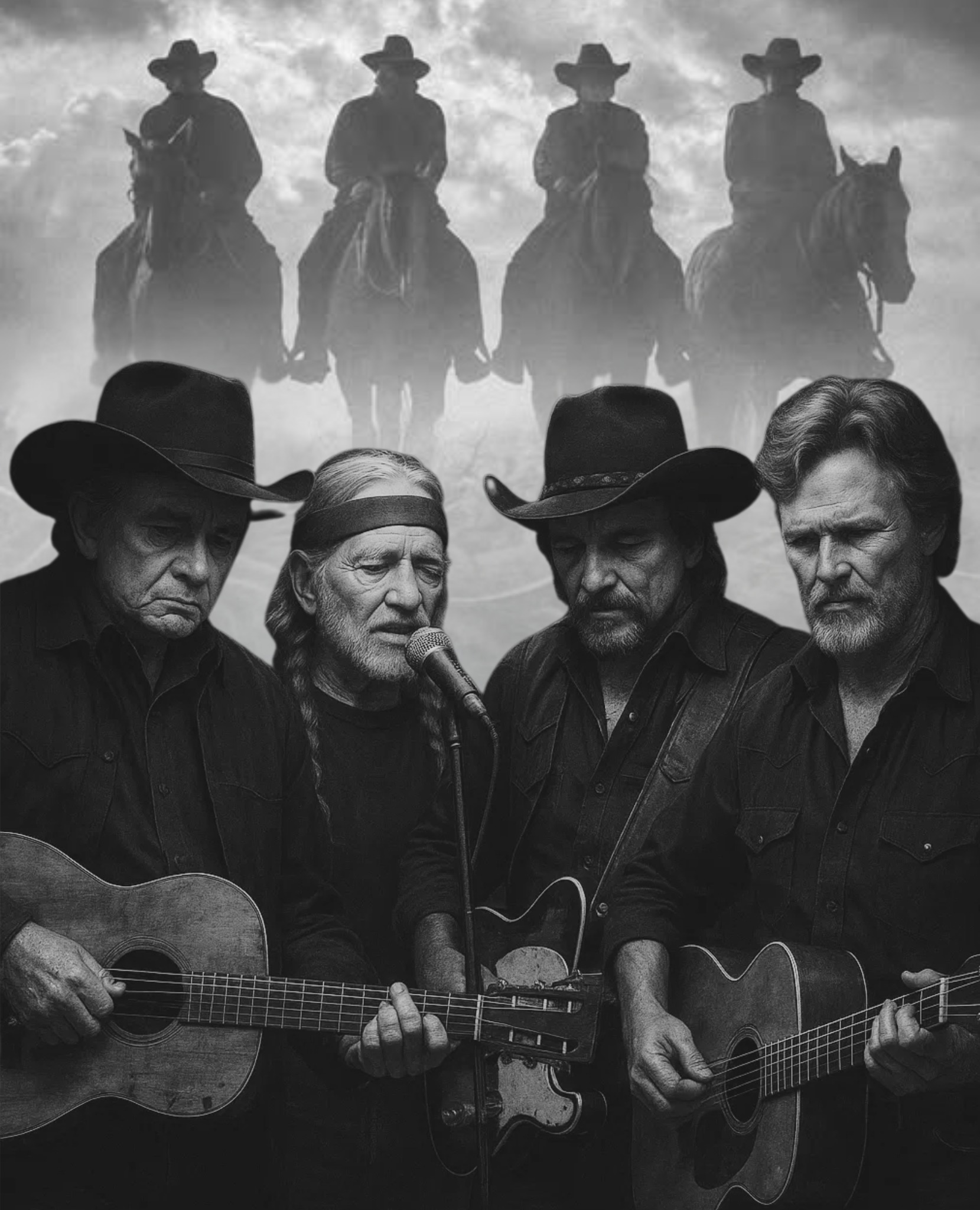 “They Called Them Outlaws — But What They Really Were… Were Poets with Guitars Who Spoke America’s Truth.” Johnny Cash, Willie Nelson, Waylon Jennings, and Kris Kristofferson — The Highwaymen — didn’t just sing songs. They told the story of a restless nation still searching for its soul.